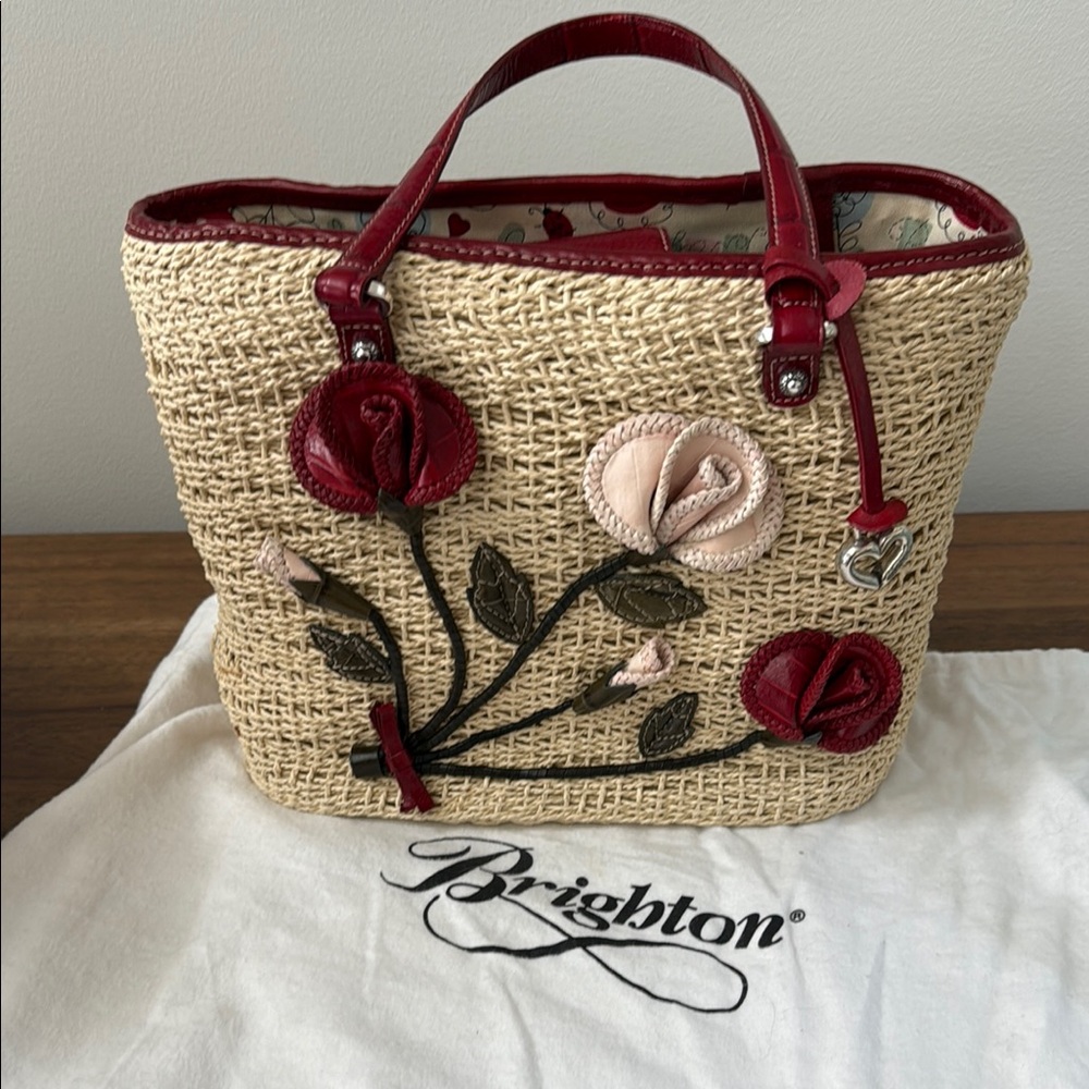 Brighton Patricia Straw Floral Deep Red Leather Handbag/Tote - Picture 11 of 16